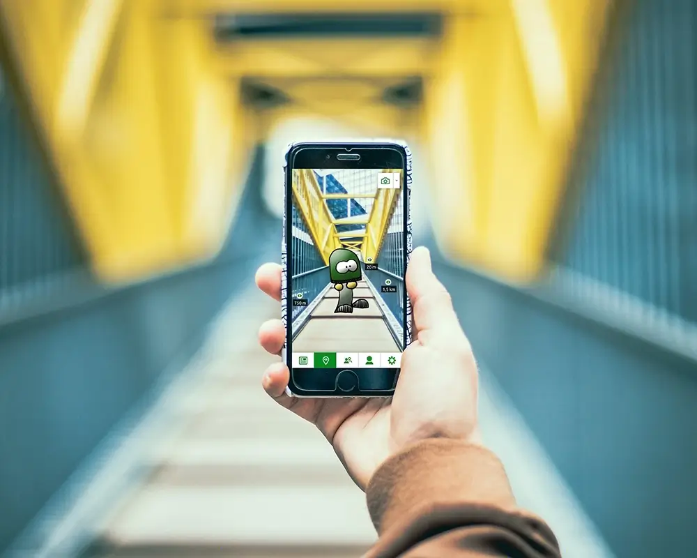 A person using the Augit app on a metal bridge, displaying an AR sketch