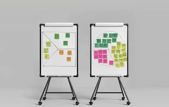 Green, yellow, and red postits with handwritten notes, sorted and clustered on a Value Proposition Canvas that is devided onto two flipcharts for product ideas and customer needs